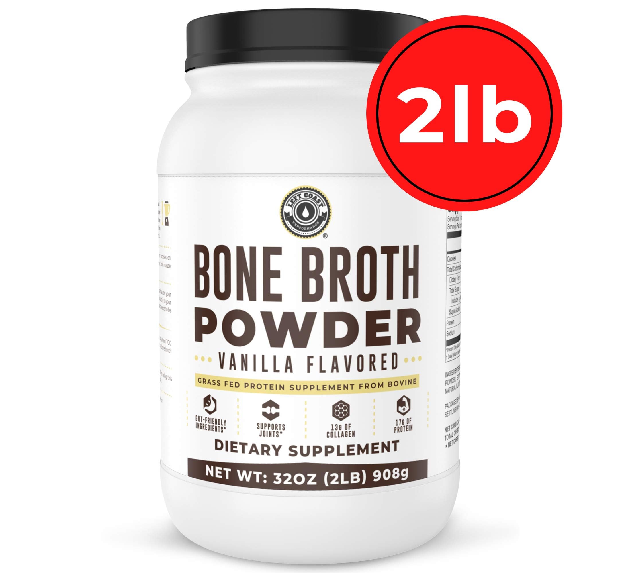 Packaging of Left Coast Performance 32 oz vanilla bone broth protein powder