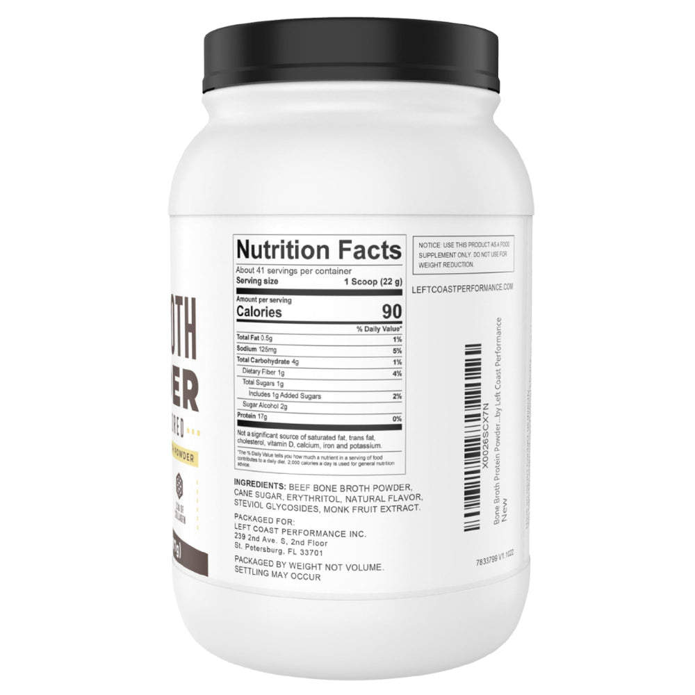 Scoop of Left Coast Performance vanilla bone broth powder for easy serving