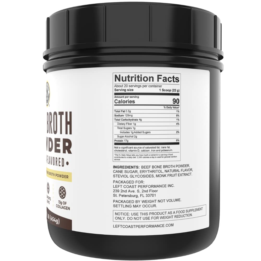 Left Coast Performance Vanilla Bone Broth Powder tub with lid emphasizes gut-friendly protein powder