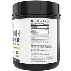 Left Coast Performance Vanilla Bone Broth Powder tub with lid emphasizes gut-friendly protein powder