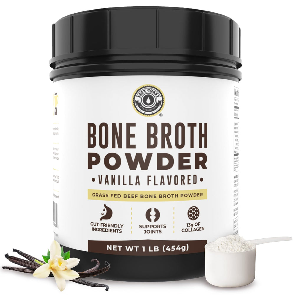 Left Coast Performance Vanilla Bone Broth Protein bottle shows convenient protein source for meals on the go