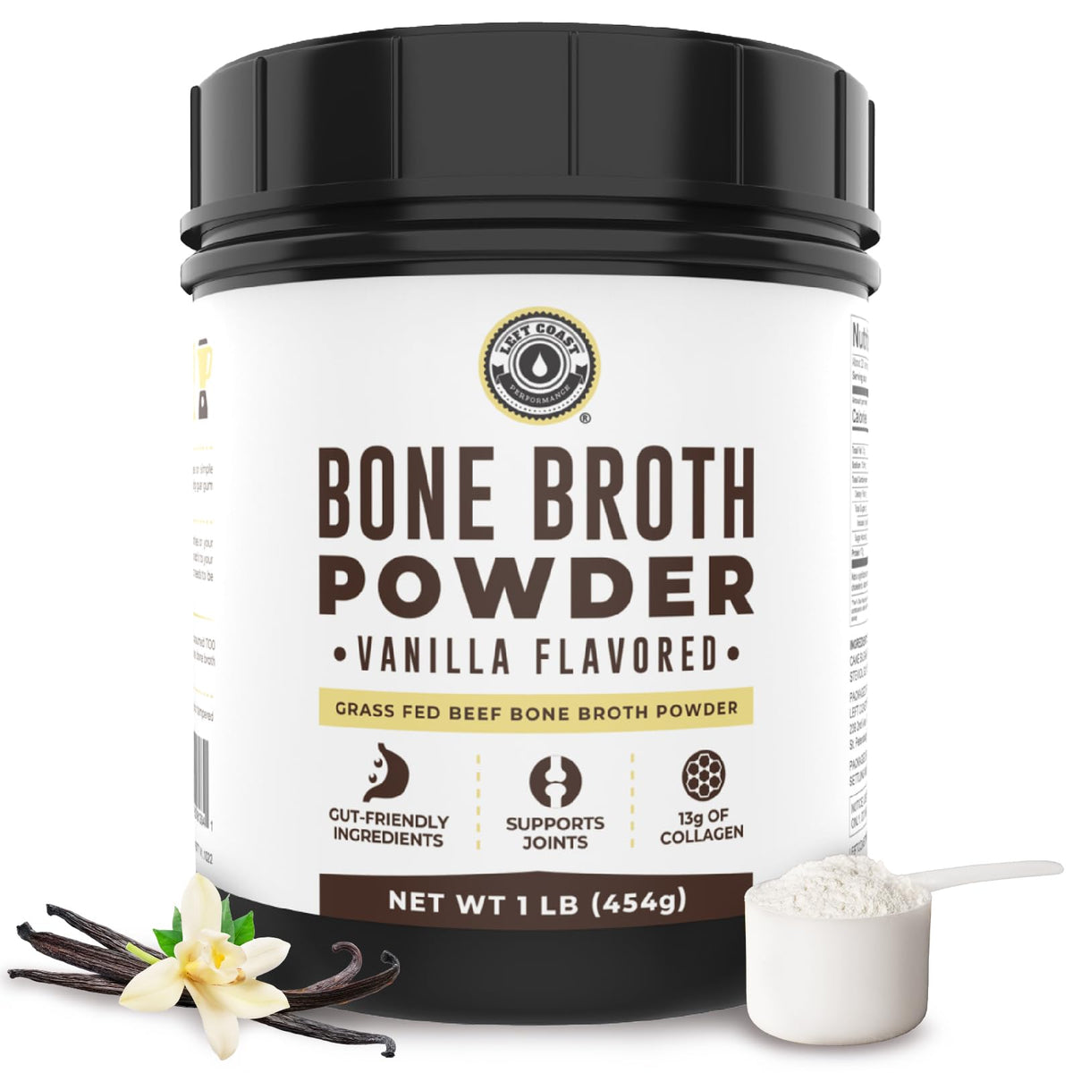 Left Coast Performance Vanilla Bone Broth Protein bottle shows convenient protein source for meals on the go