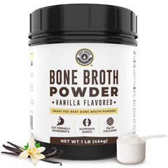 Left Coast Performance Vanilla Bone Broth Protein bottle shows convenient protein source for meals on the go