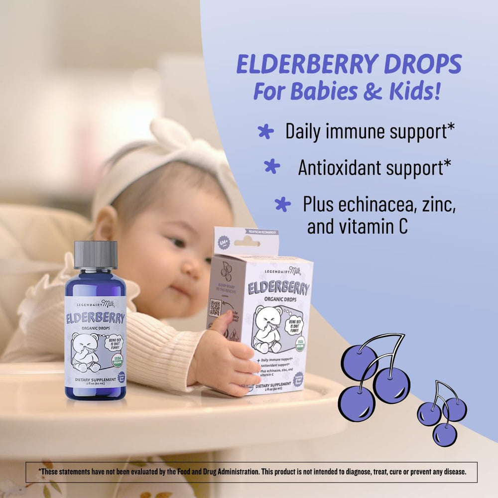 Legendairy Milk Elderberry Drops bottle pour facilitates easy toddler dosing.