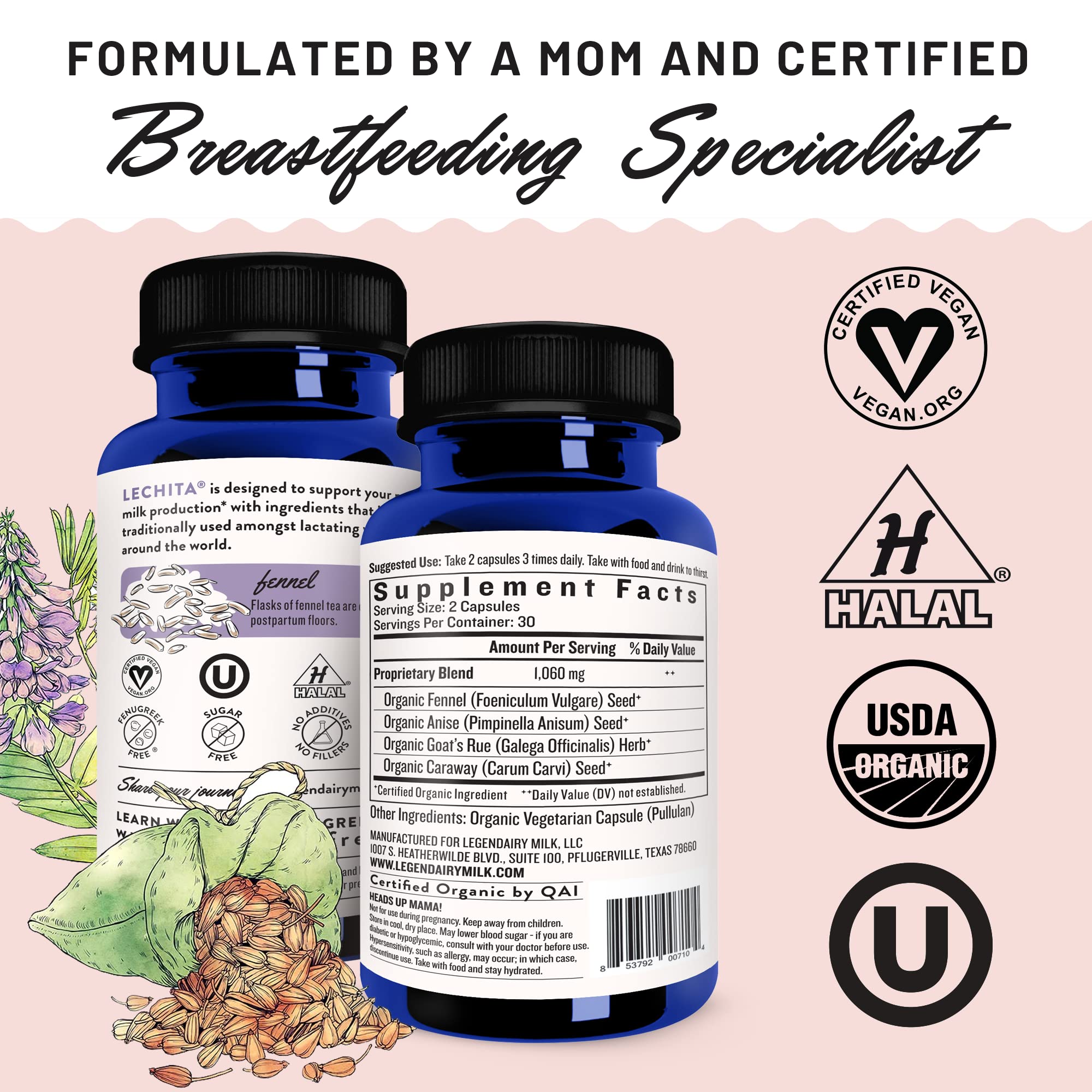 Legendairy Milk Lechita goat's rue leaf signals calming lactation effects.