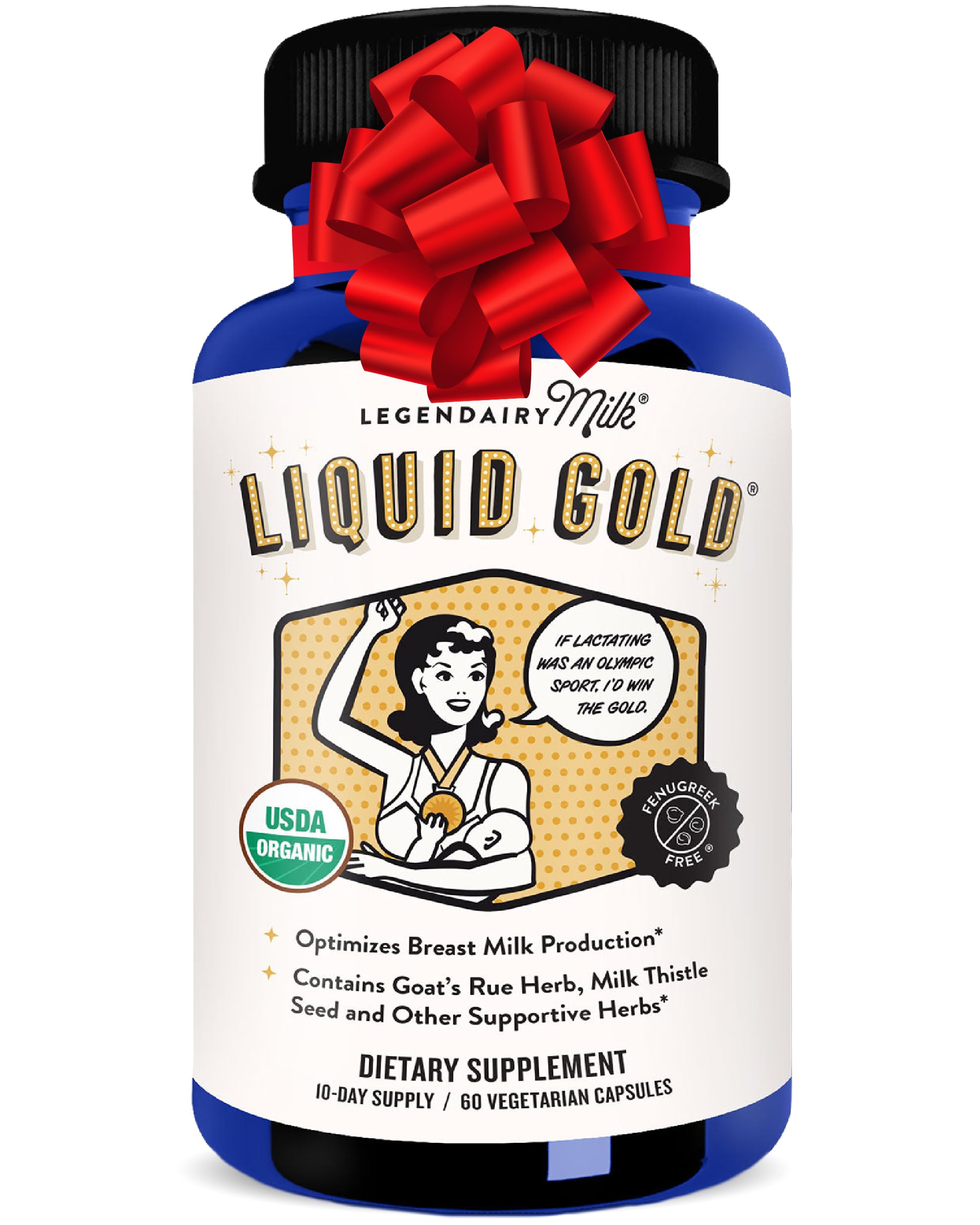 Legendairy Milk Liquid Gold bottle pour supports lactation for new mothers.