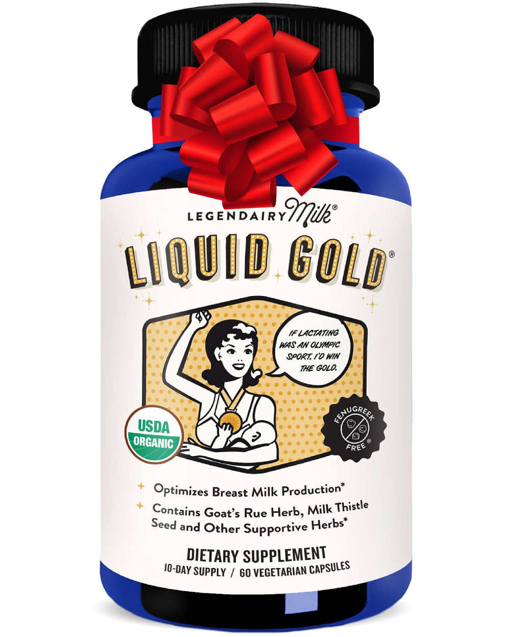 Legendairy Milk Liquid Gold bottle pour supports lactation for new mothers.