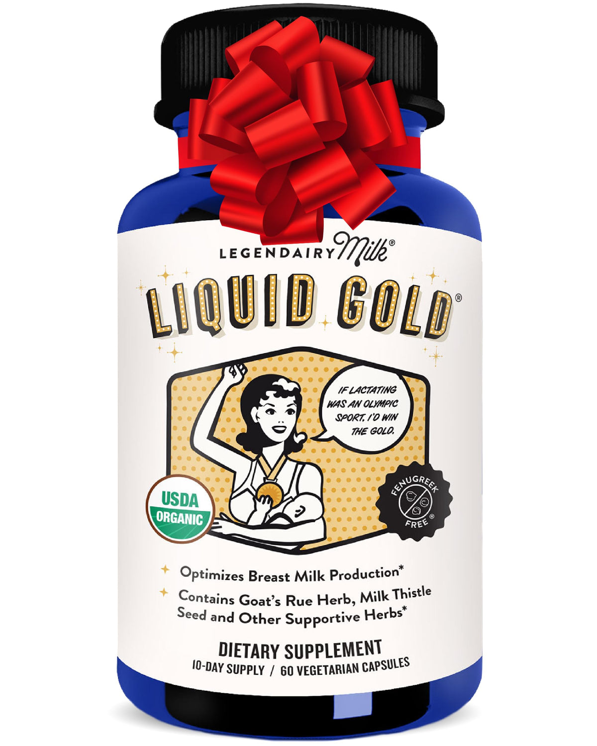 Legendairy Milk Liquid Gold bottle pour supports lactation for new mothers.
