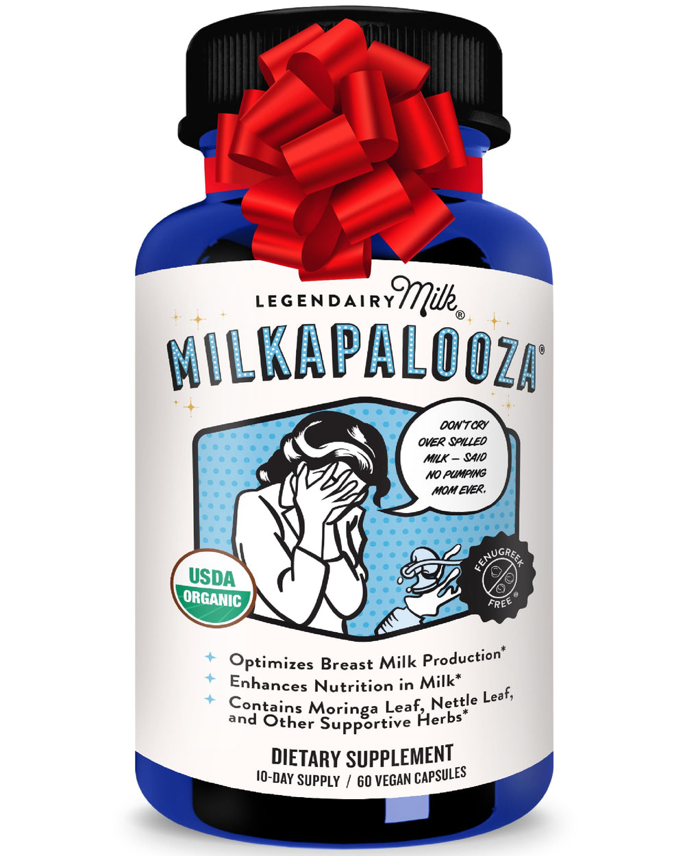 Legendairy Milk Milkapalooza bottle with capsules for lactation support during nursing.