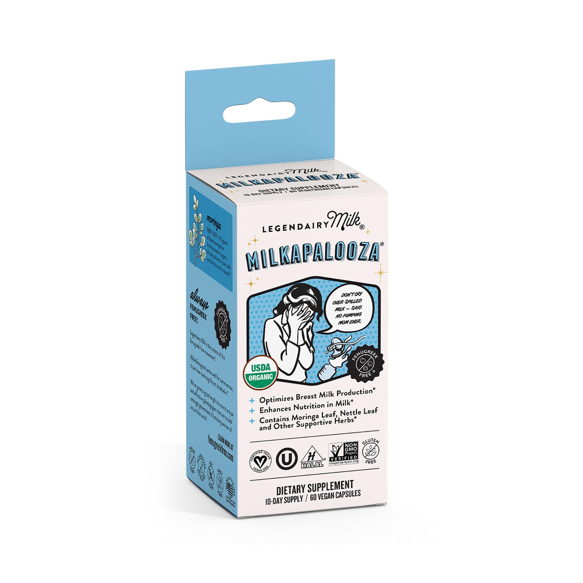 Legendairy Milk Milkapalooza fenugreek-free label reassures a fenugreek-free choice.