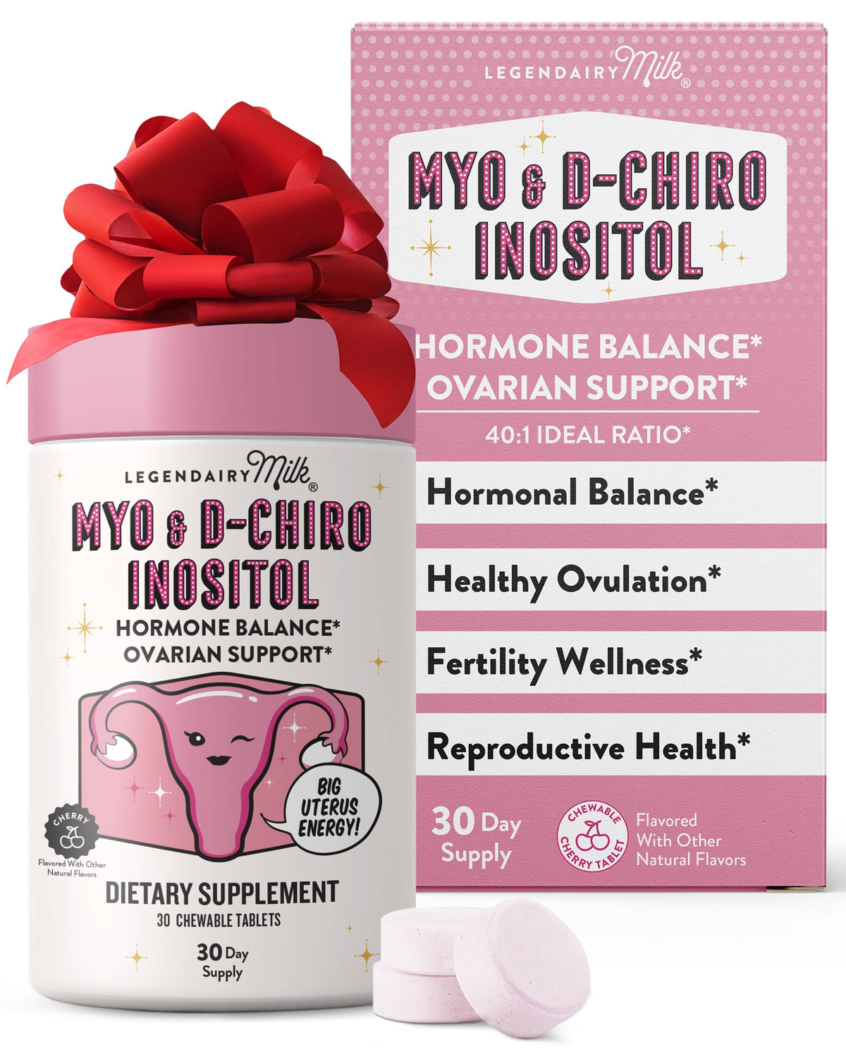 Legendairy Milk Pure Inositol chewable bottle for daily hormonal balance support.