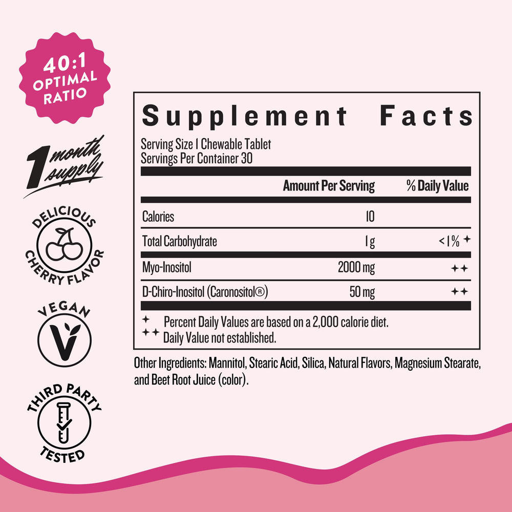 Legendairy Milk Pure Inositol chewable tablets on hands showing convenient cycle support.