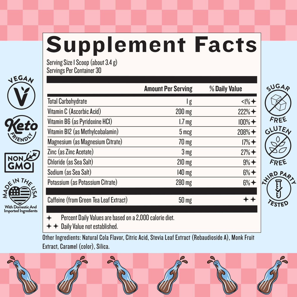 Legendairy Milk She's Electric cola powder pack showing easy hydration with clean energy.