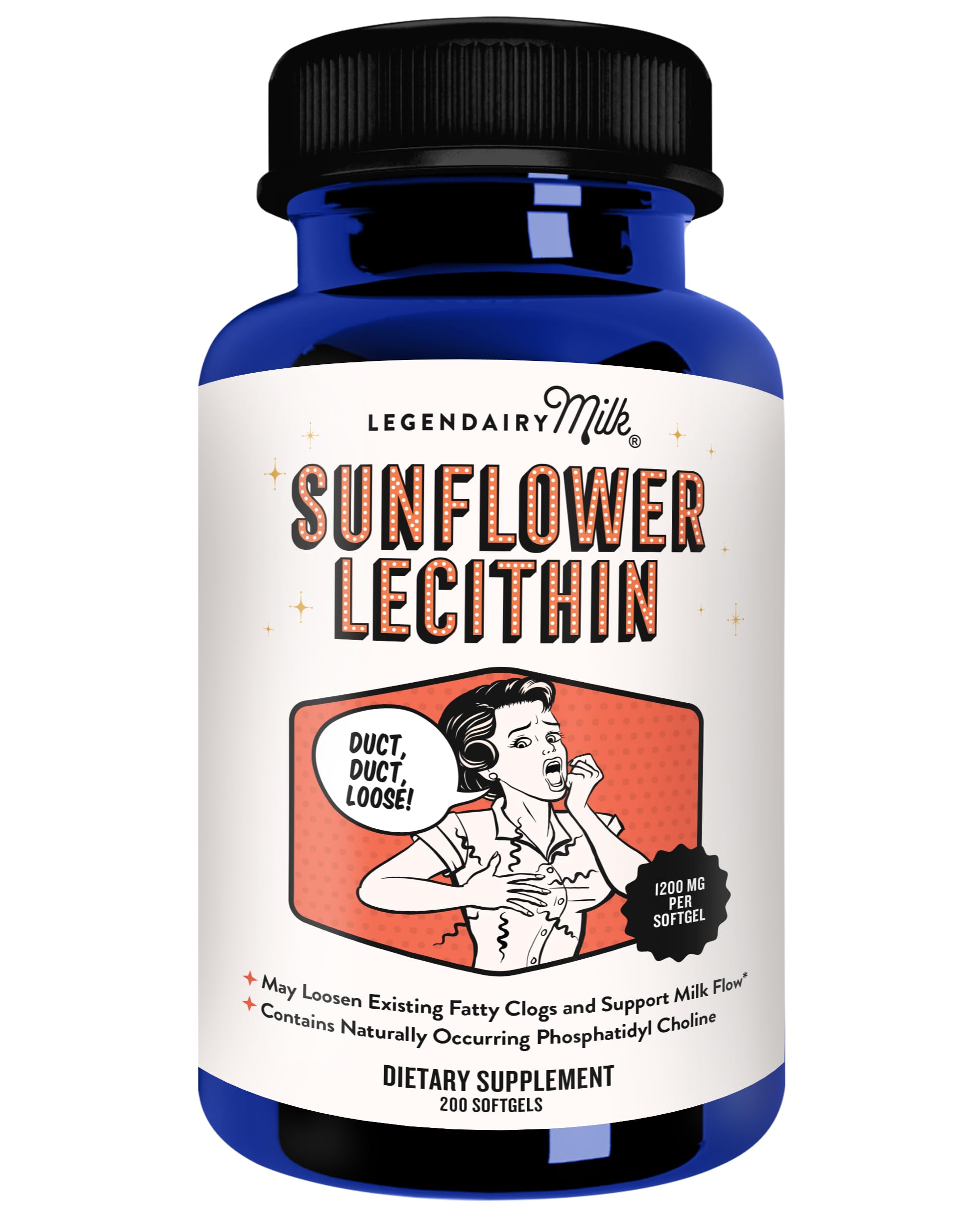 Legendairy Milk Sunflower Lecithin 1200mg bottle close-up supports smooth milk flow.