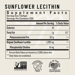 Legendairy Milk Sunflower Lecithin label detail shows Non-GMO verification.