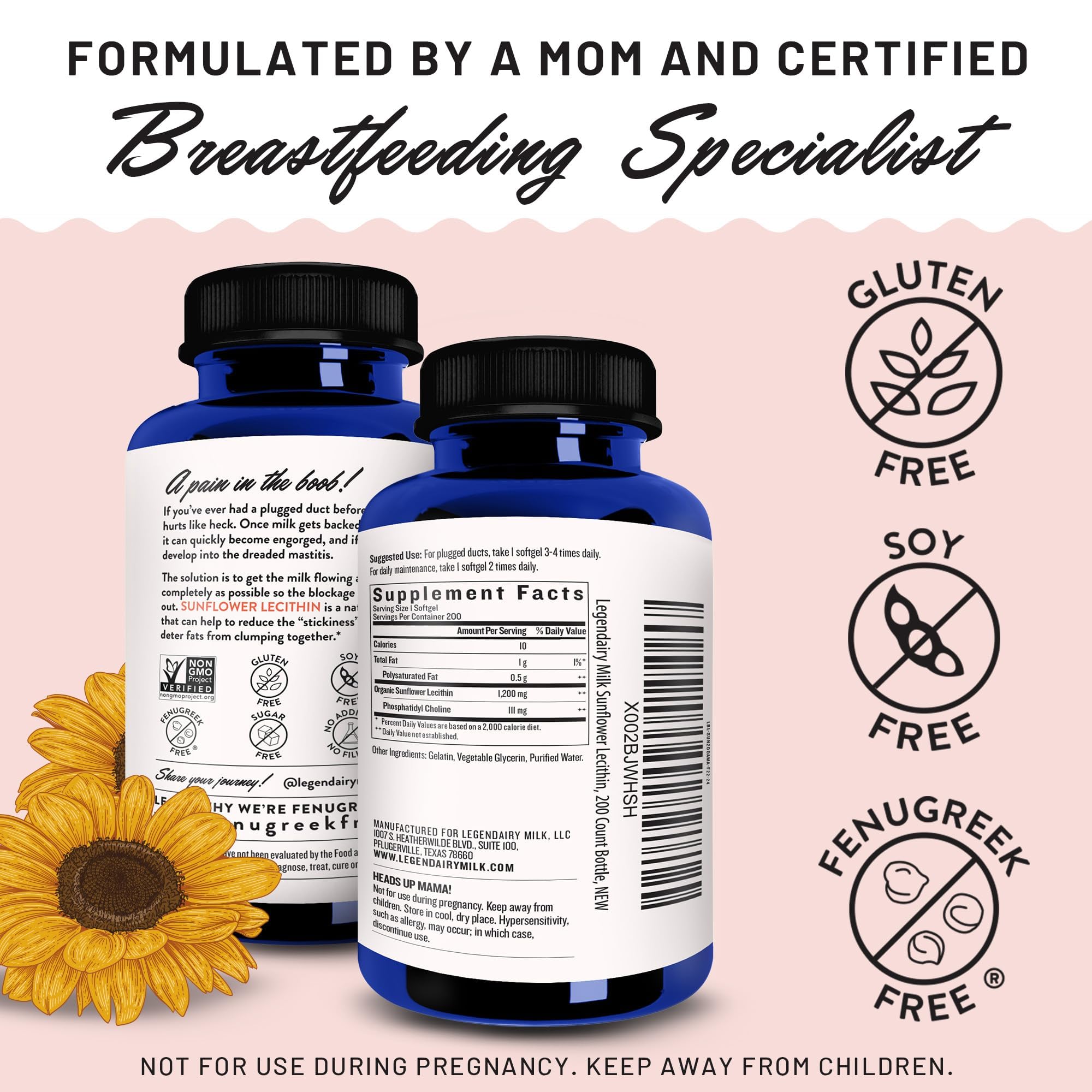 Legendairy Milk Sunflower Lecithin packaging front highlights USA origin.