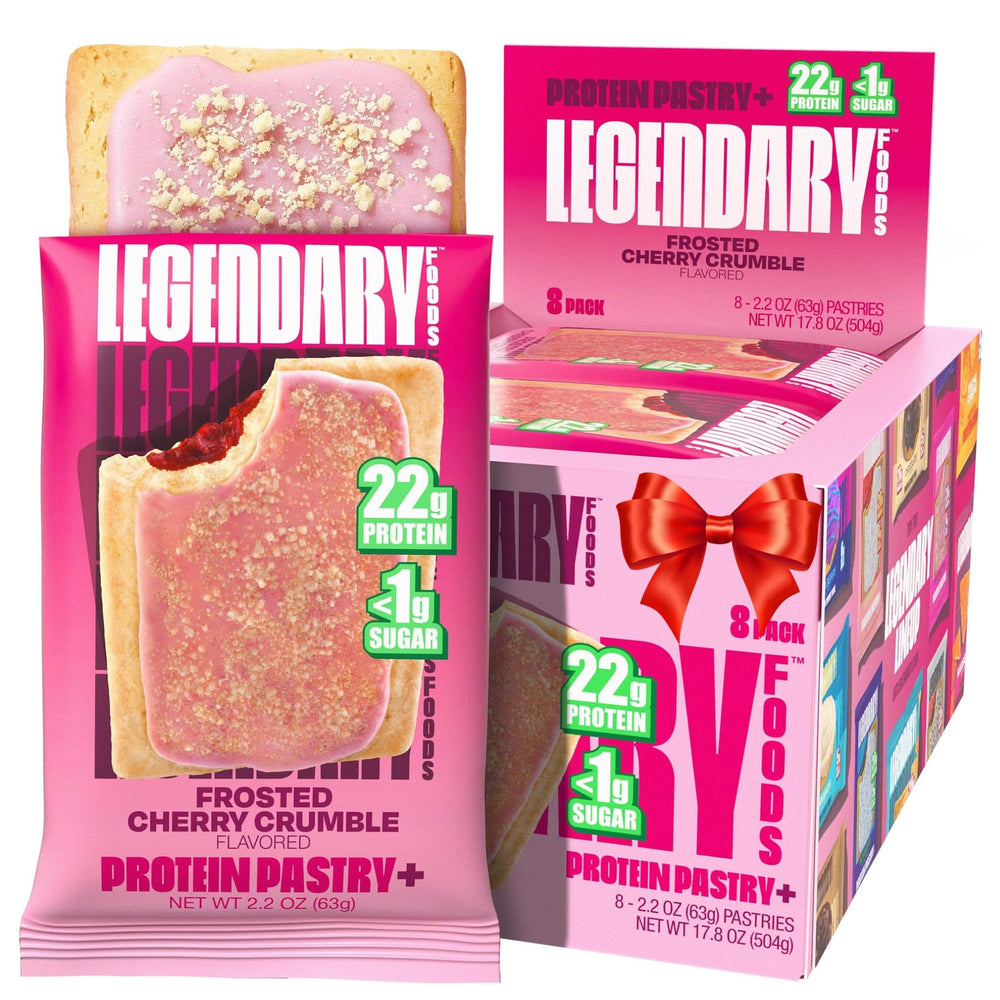 Legendary Foods cherry crumble pastry front view shows an 8-pack for convenient snacking.
