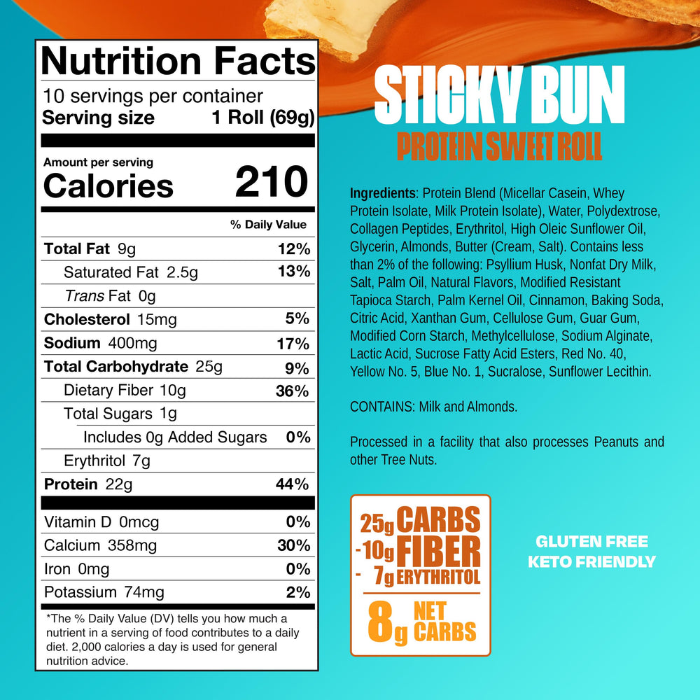 Legendary Foods Cinnamon Roll bar nutrition facts show 22g protein and low net carbs.