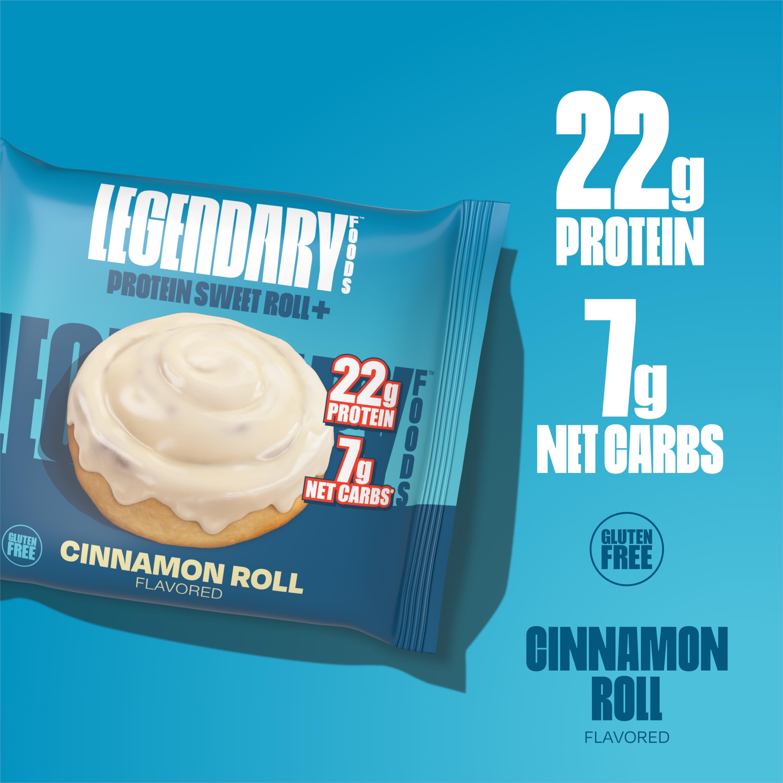 Legendary Foods Cinnamon Roll bar nutrition panel highlights 22g protein per bar.
