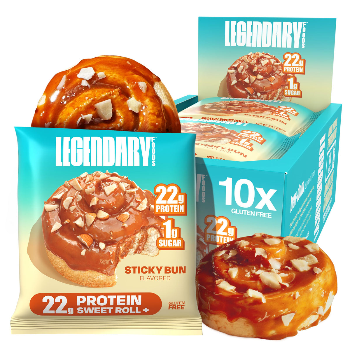 Legendary Foods Cinnamon Roll 22g bar pack shot highlights a high-protein, on-the-go snack.