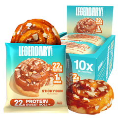 Legendary Foods Cinnamon Roll 22g bar pack shot highlights a high-protein, on-the-go snack.