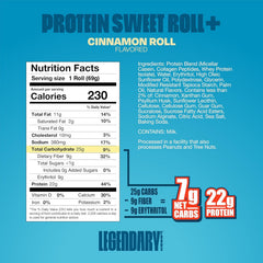 Legendary Foods Cinnamon Roll bar wrapper shows zero sugar and bold flavor.