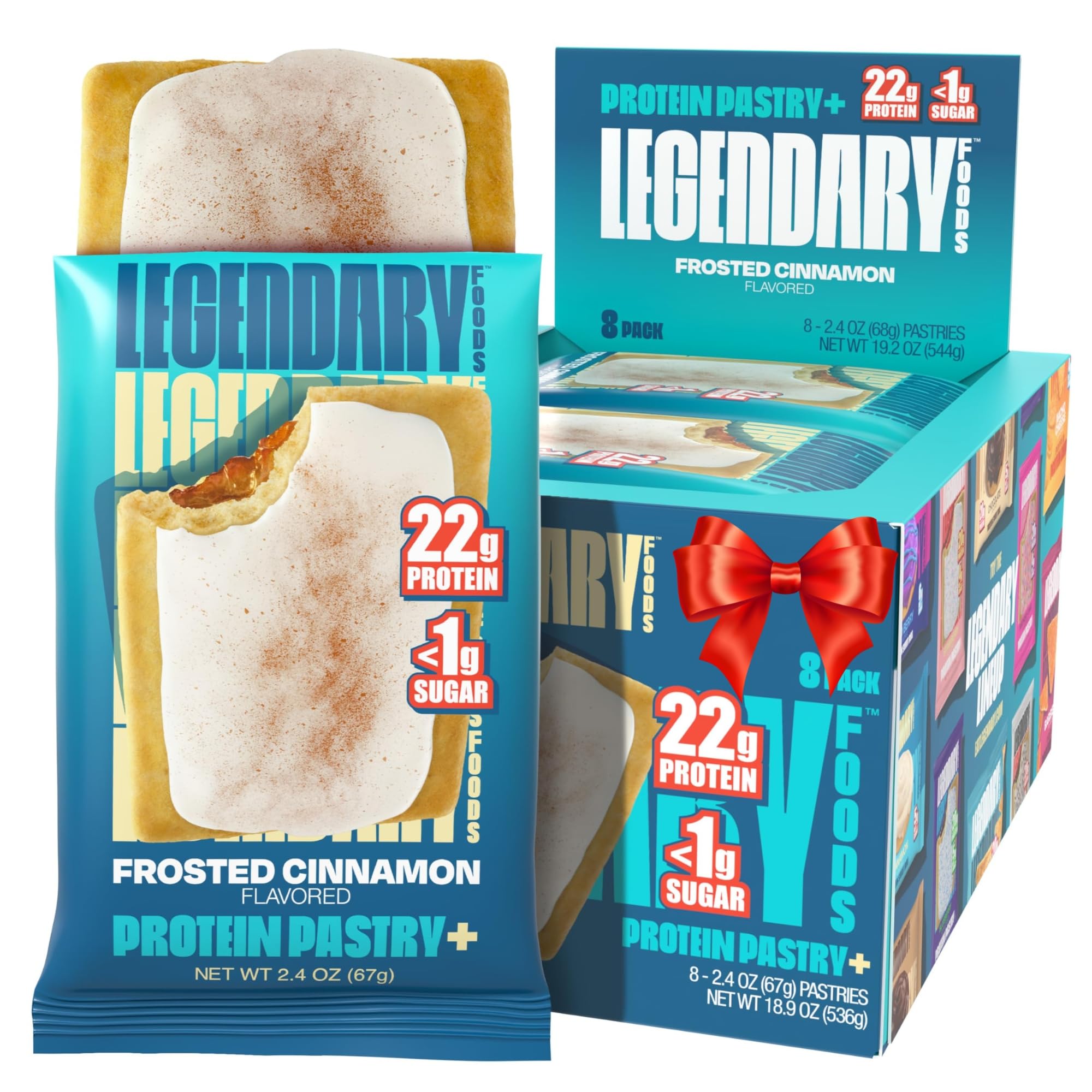 Legendary Foods Frosted Cinnamon pastry box showing an eight-pack for keto-friendly snacking on the go
