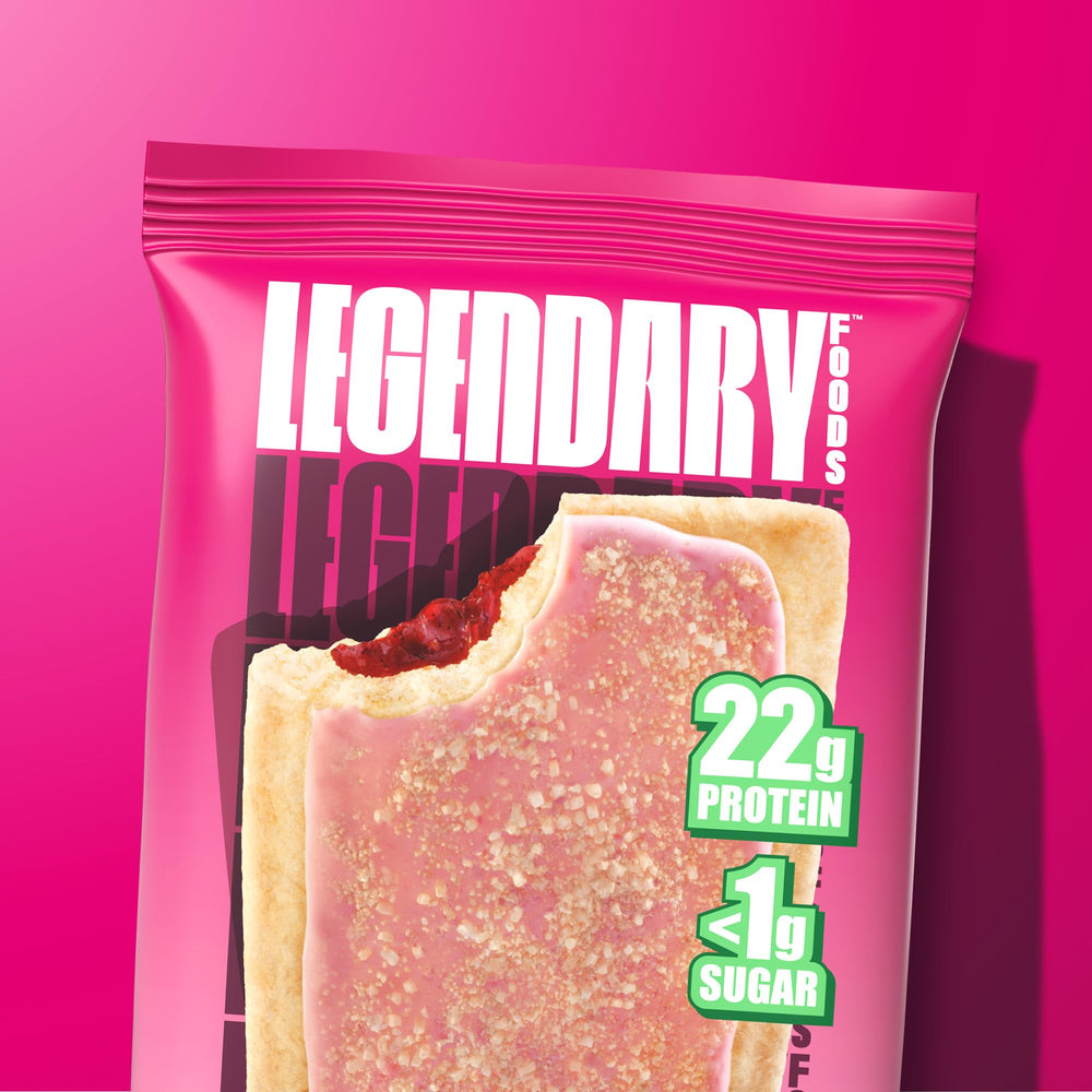 Legendary Foods ready-to-eat pastry served with coffee suggests a morning pick-me-up.