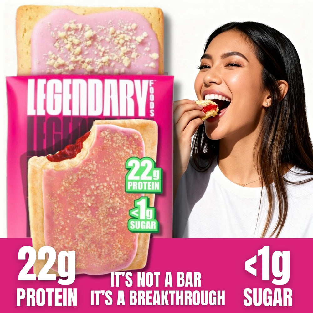 Legendary Foods whey protein isolate detail highlights high-protein content in pastry.