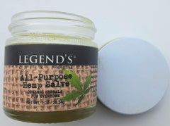 Legend's Creek Herbal Salve jar back label showing natural ingredients and cruelty-free ethics.