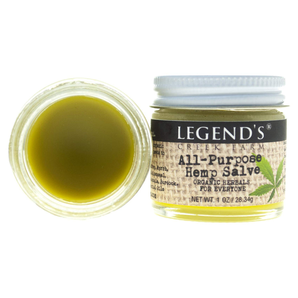 Legend's Creek Herbal Salve jar front for versatile all-purpose skin relief.