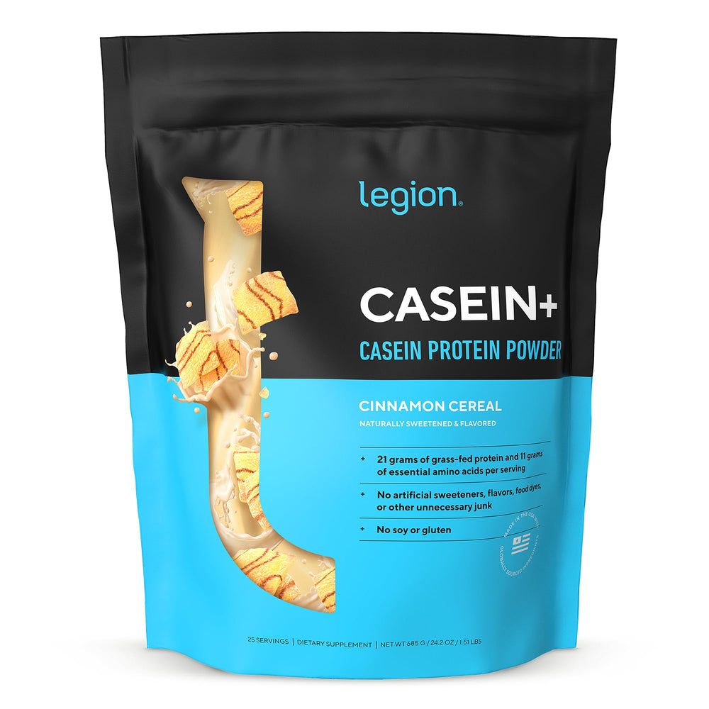 LEGION Casein+ Cinnamon Cereal tub front highlights slow-release protein for steady recovery.