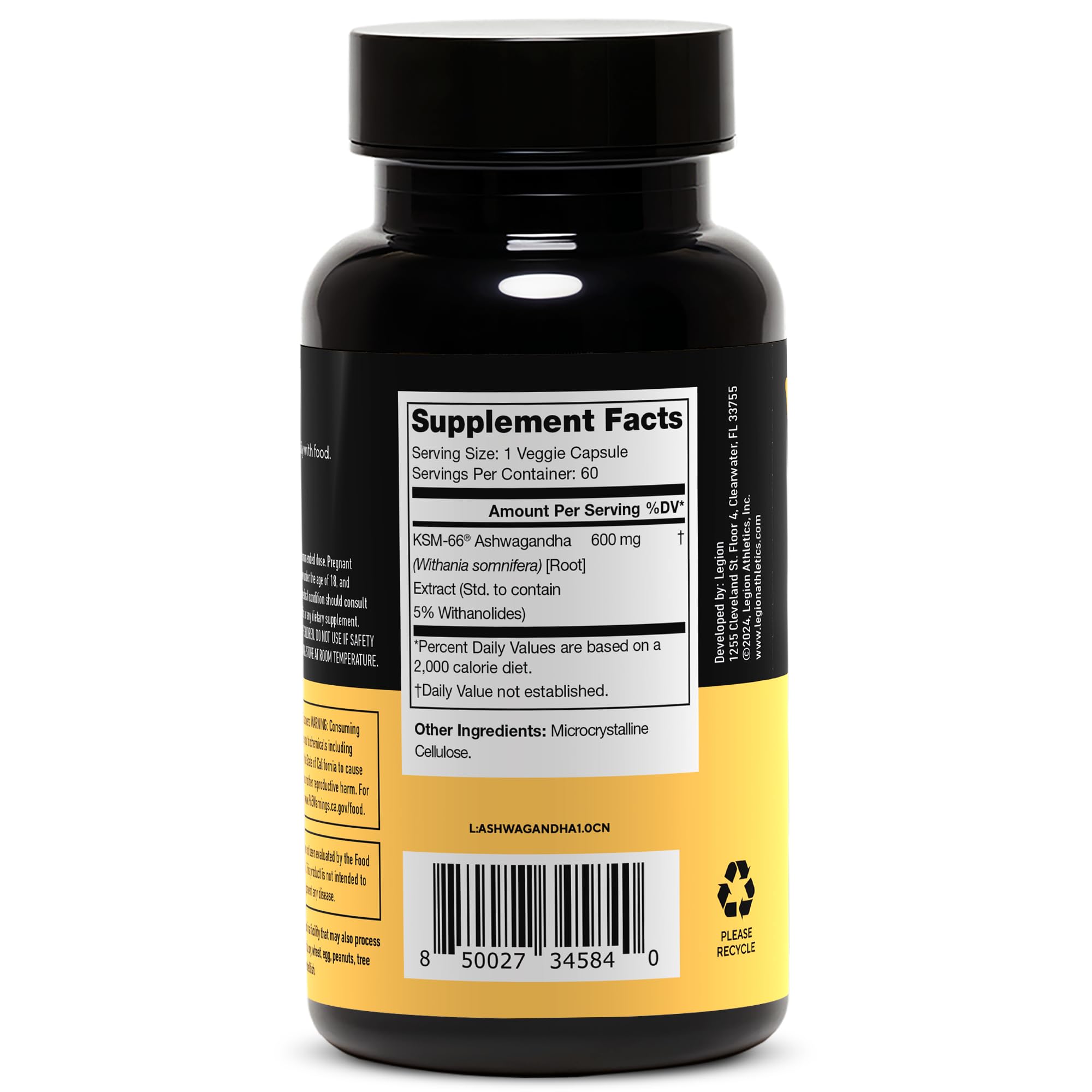 LEGION KSM-66 Ashwagandha label closeup emphasizing pure root extract.