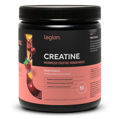 LEGION Micronized Creatine Fruit Punch powder in a jar for post-workout fueling.