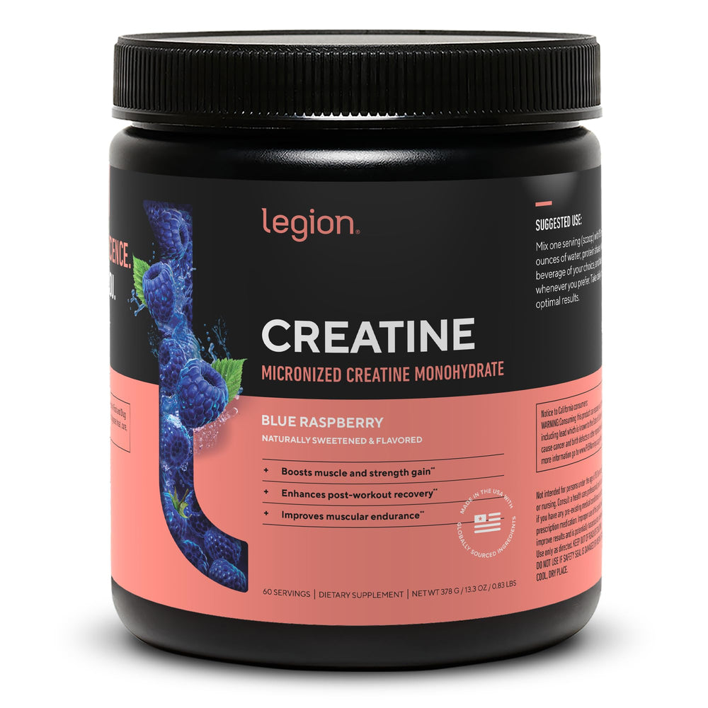 LEGION micronized creatine monohydrate blue raspberry powder tub for easy mixing