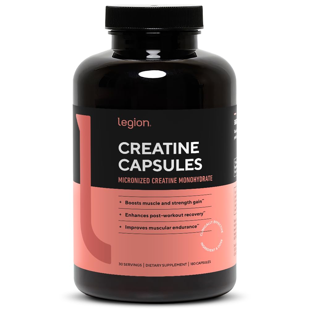LEGION micronized creatine monohydrate bottle shown for muscle support and recovery.