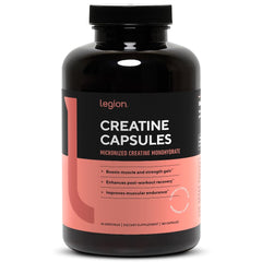 LEGION micronized creatine monohydrate bottle shown for muscle support and recovery.