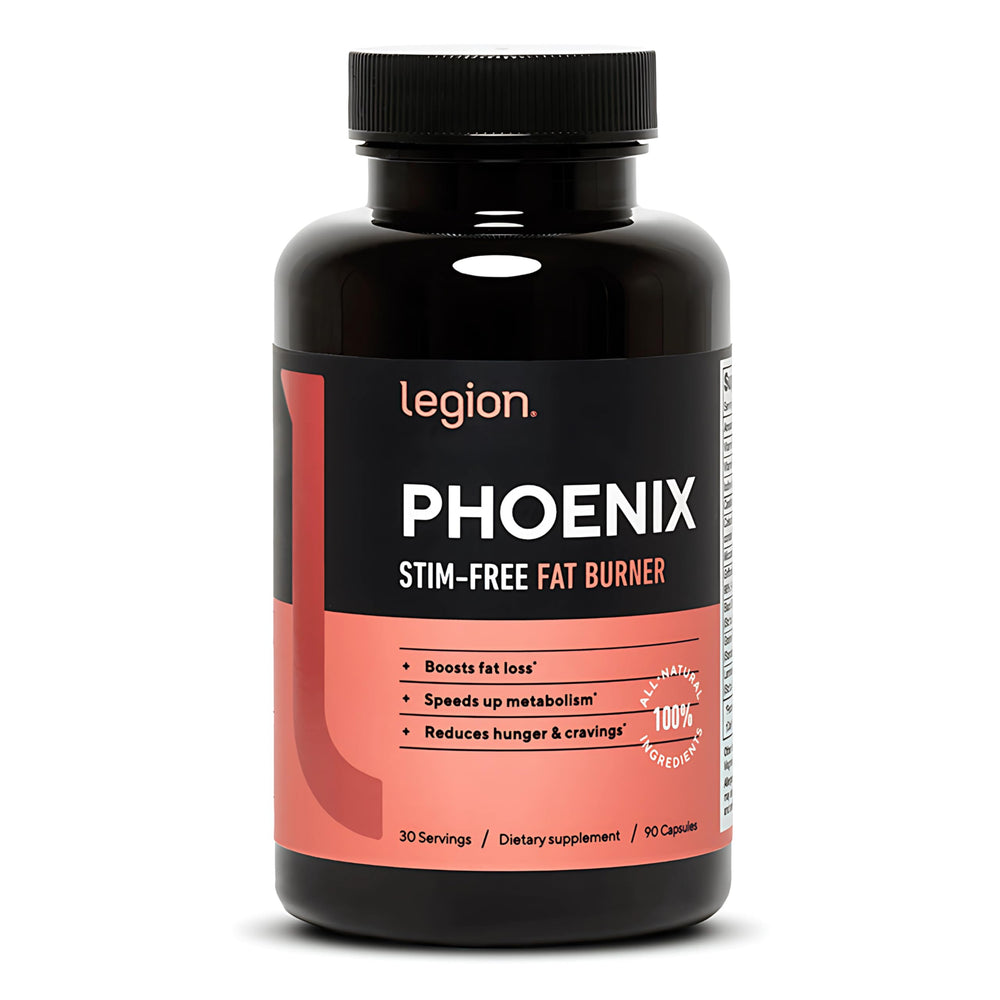 Legion Phoenix bottle front view highlighting convenient daily fat burner packaging.