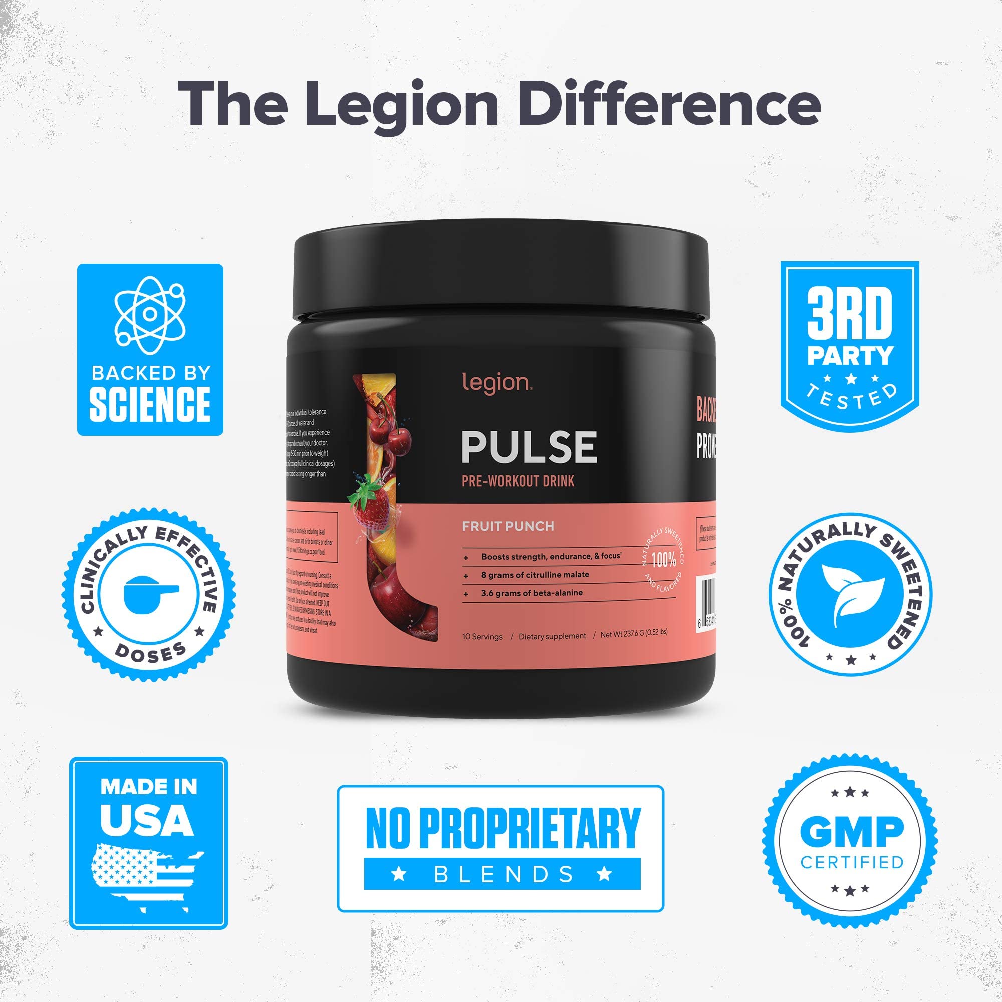 LEGION Pulse tub front highlights natural sweeteners and no artificial additives.