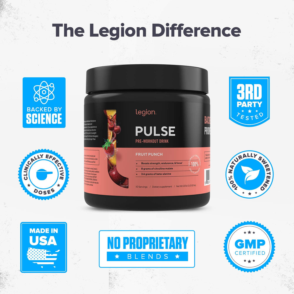 LEGION Pulse tub front highlights natural sweeteners and no artificial additives.