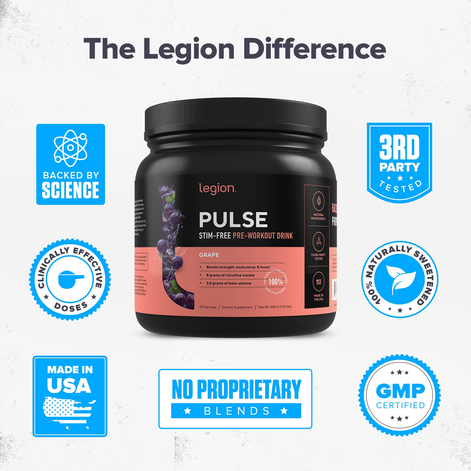 LEGION Pulse grape flavor tub emphasizing naturally sweetened option