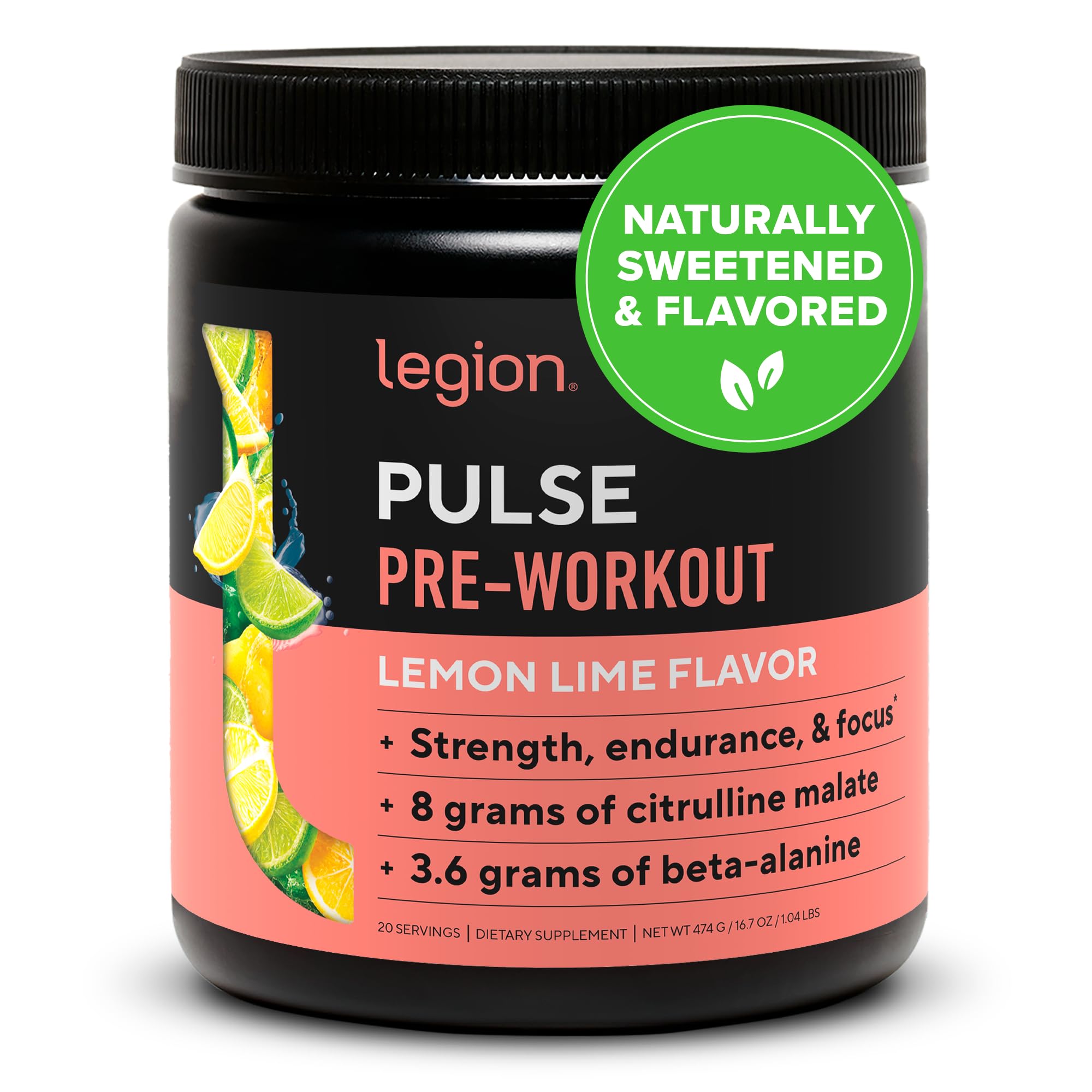 LEGION Pulse lemon lime bottle showing a clean, natural preworkout formula for focused workouts