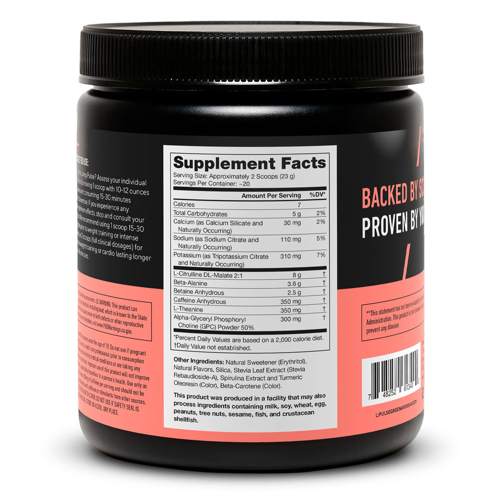 LEGION Pulse clean-label bottle marks transparent ingredients and no artificial additives.