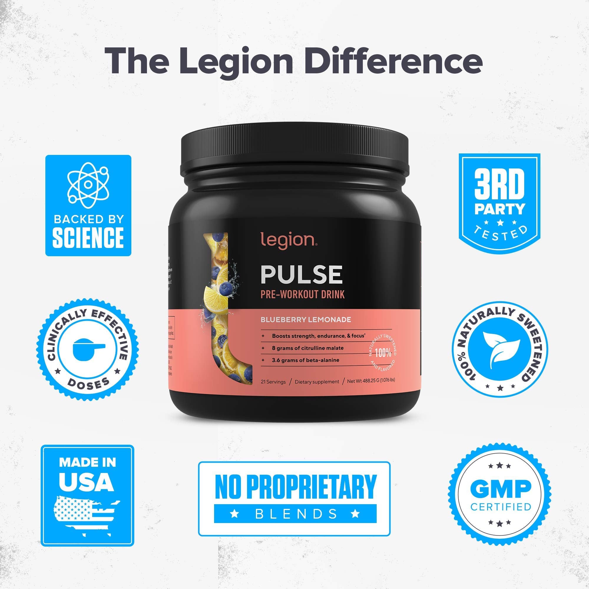 LEGION Pulse label detail showing no artificial sweeteners or dyes