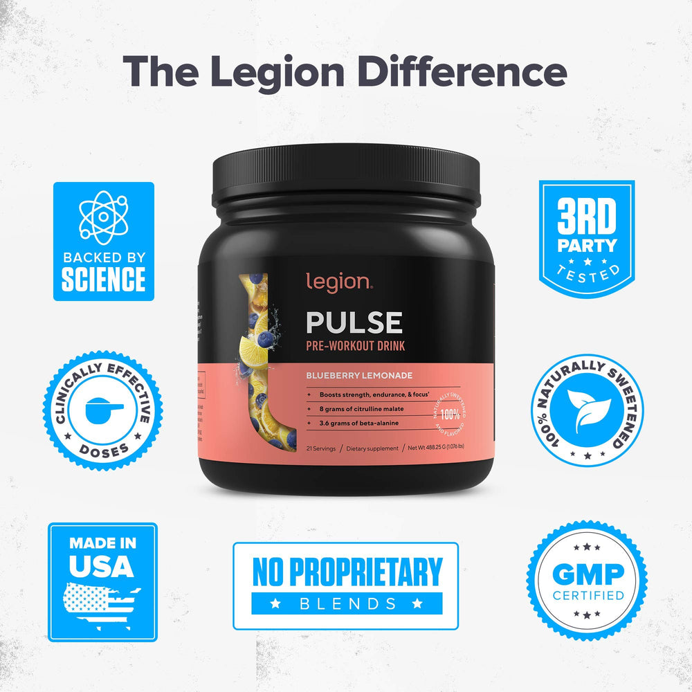 LEGION Pulse label detail showing no artificial sweeteners or dyes