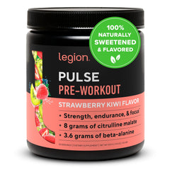 LEGION Pulse preworkout strawberry kiwi bottle boosts clean energy and focus
