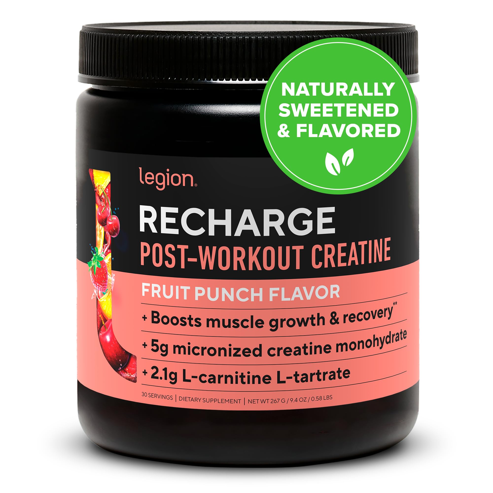 LEGION Recharge bottle with Fruit Punch flavor shown for post-workout recovery