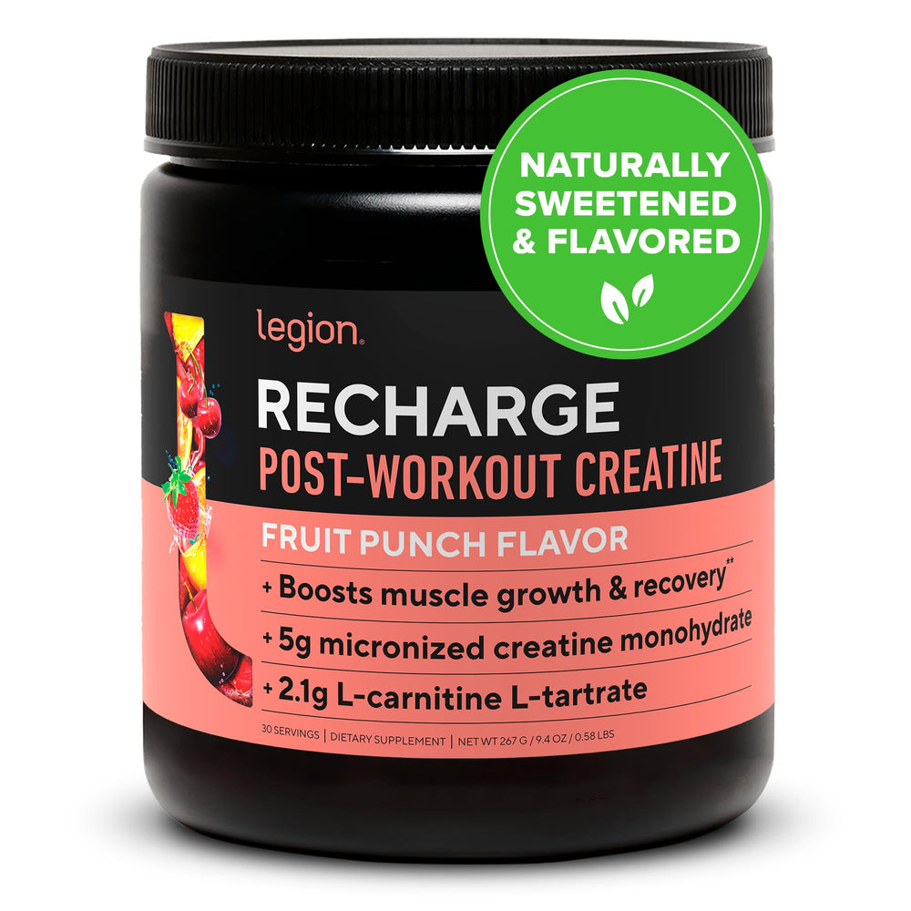 LEGION Recharge bottle with Fruit Punch flavor shown for post-workout recovery