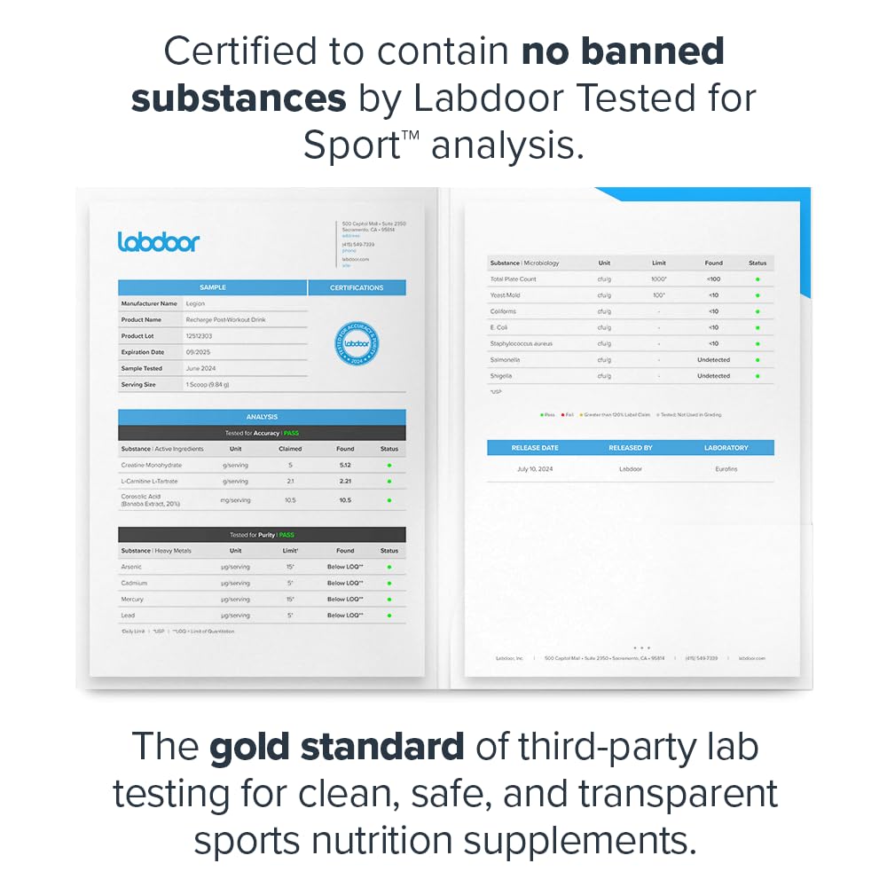 LEGION Recharge Strawberry Lemonade scoop beside glass for flavorful post-workout recovery.