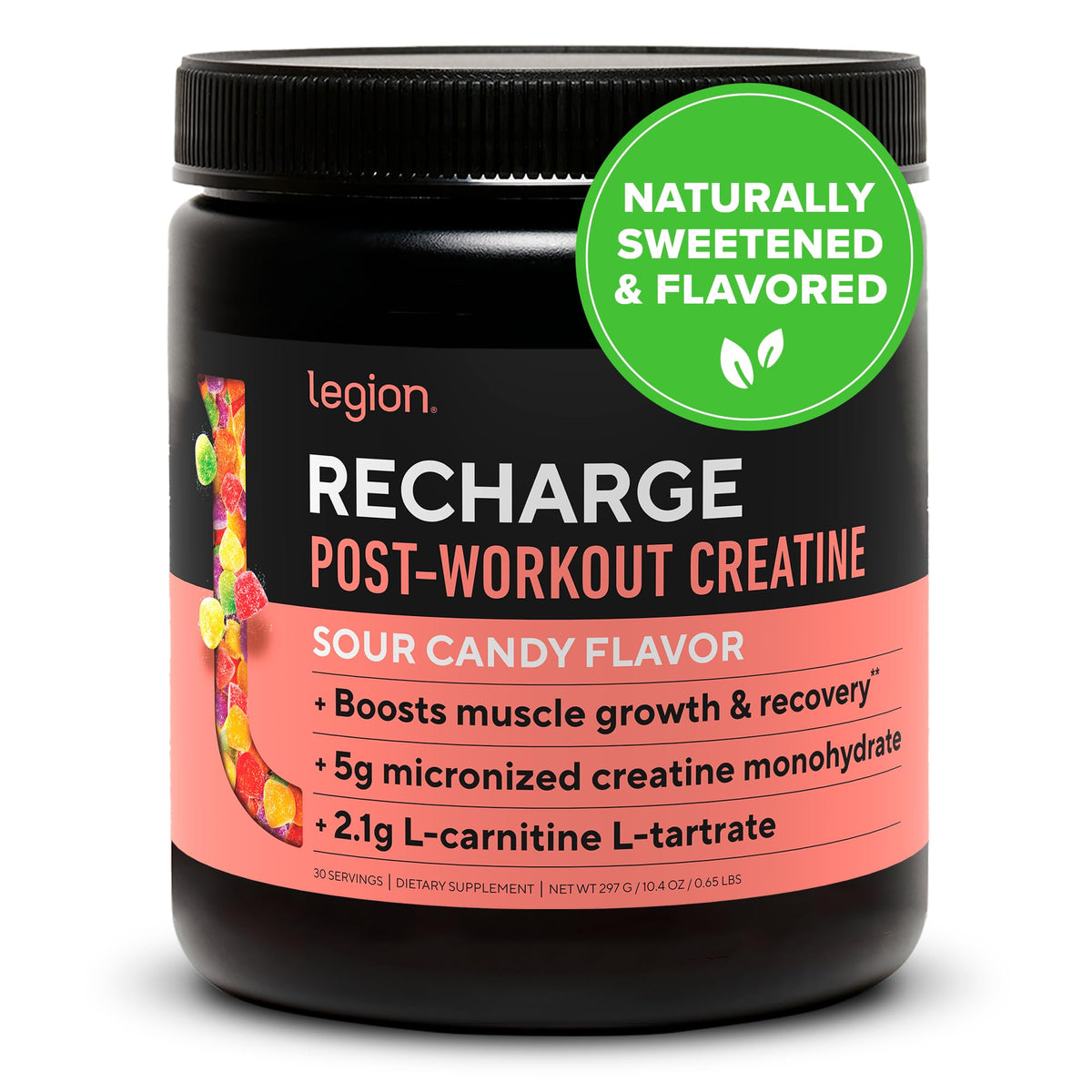 LEGION Recharge tub closeup shows clean label for transparent ingredient sourcing and consistent quality.